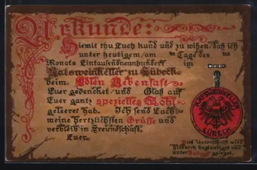 Künstler-AK Lübeck, Gasthaus Ratsweinkeller, Urkunde mit Siegel
