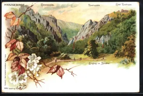 Lithographie Thale, Hexentanzplatz, Rosstrappfels und Hotel Rosstrappe