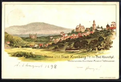 Lithographie Kronberg a. T., Ortsansicht mit Ruine