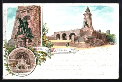 Lithographie Kyffhäuser mit Kaiser-Wilhelm-Denkmal und Barbarossa