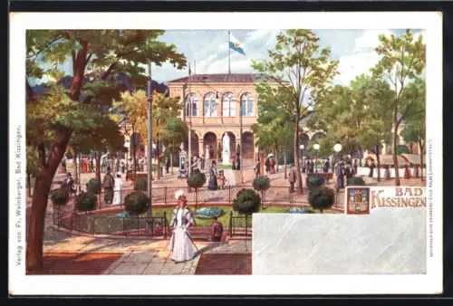 Künstler-AK Bad Kissingen, Strassenpartie mit Denkmal