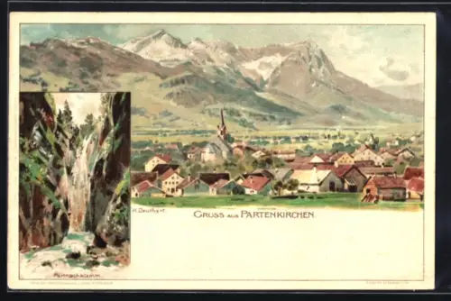 Lithographie Partenkirchen, Ortsansicht mit Kirche, Partnachklamm