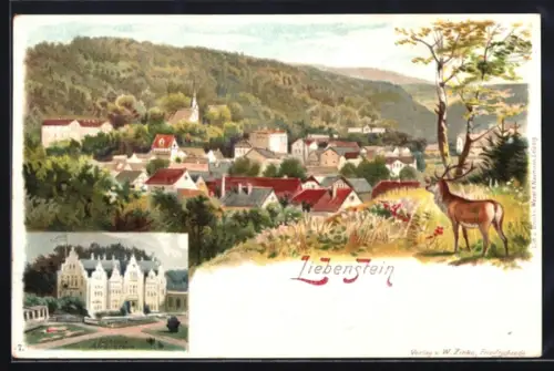 Lithographie Liebenstein, Blick auf Ort mit Schloss Altenstein