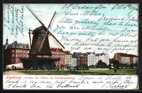 AK Hamburg-St.Pauli, Feldstrasse mit Windmühle am Heiligengeistfeld