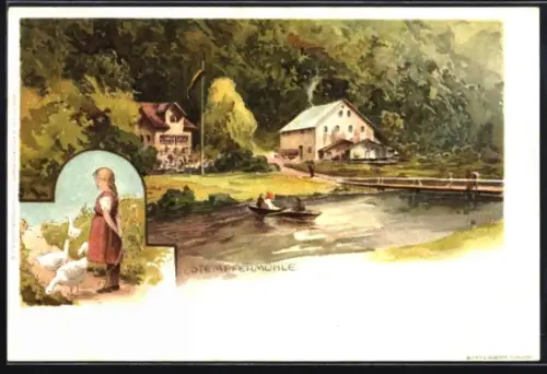 Lithographie Gössweinstein, Gänsemagd und Partie an der Stempfermühle