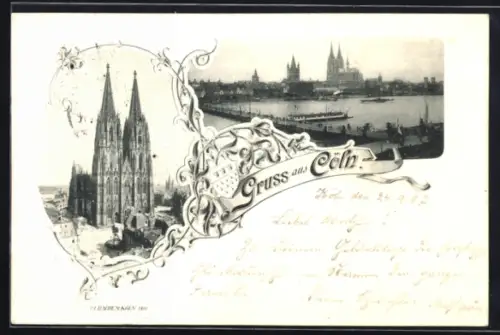 AK Köln, Uferpartie mit Dom