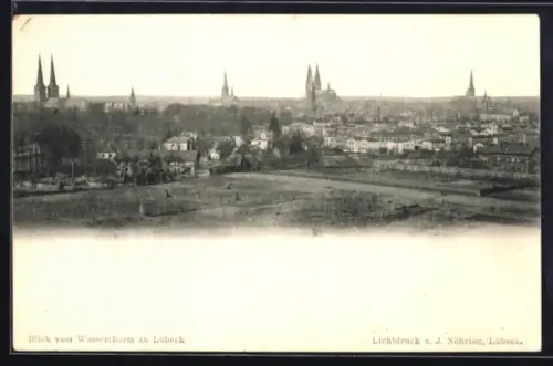 AK Lübeck, Blick vom Wasserturm mit Kirche