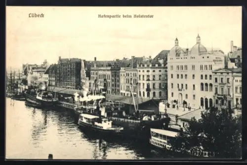 AK Lübeck, Hafenpartie beim Holstentor aus der Vogelschau