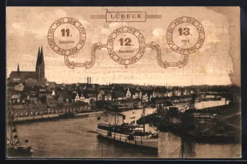 AK Lübeck, Ortsansicht mit Dampfer, 11.12.1913 Zahlen-Kuriosum