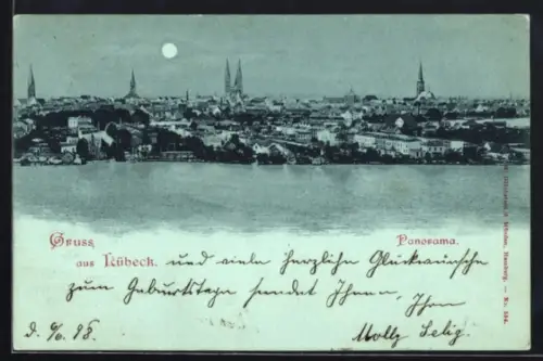 Mondschein-AK Lübeck, Panorama mit Kirche