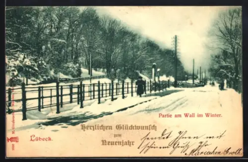 AK Lübeck, Strassenpartie am Wall im Winter, Neujahrsgruss