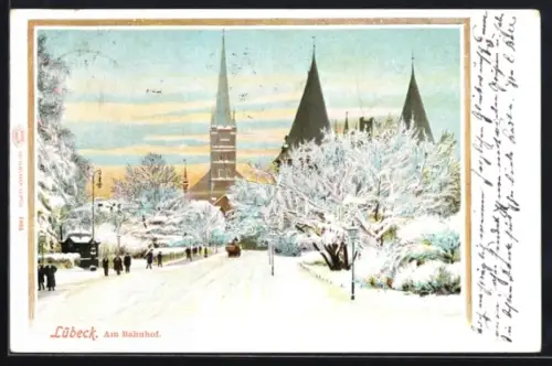 AK Lübeck, Strassenpartie am Bahnhof im Winter