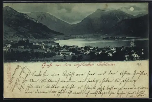 Mondschein-AK Schliersee, Panorama mit Kirche