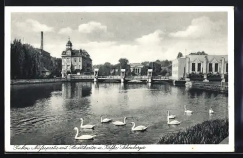 AK Guben, Neissepartie mit Stadttheater und Kaffee Schönberger