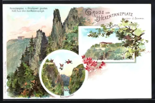 Lithographie Thale, Hexentanzplatz, Rosstrappfelsen