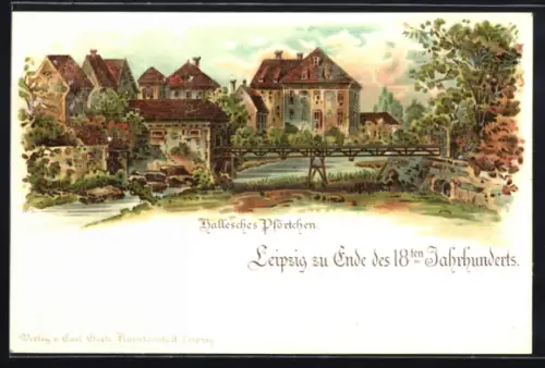 Lithographie Leipzig, Blick auf das Hallesche Pförtchen