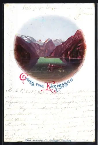 AK Königssee, Blick auf See und Berge mit Boot