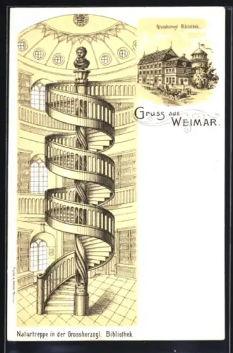 Lithographie Weimar, Naturtreppe und Gebäude der Grossherzogl. Bibliothek
