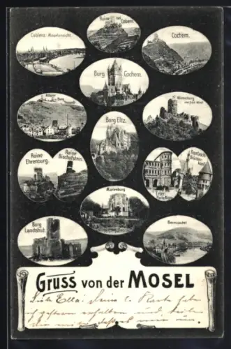 AK Cochem, Burg Cochem, Burg Eltz, Ruine Ehrenburg, Marienburg, Burg Landshut, verschiedene Ansichten