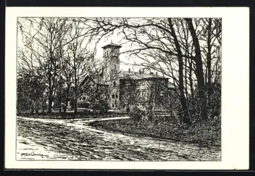 Künstler-AK sign. Karl Oenike: Krossen, Schlossansicht im Park