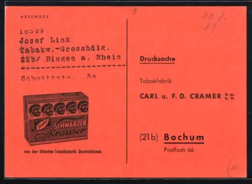 AK Bochum, Werbekarte Tabakwaren Schwarzer Krauser, Preisliste Tabakprodukte