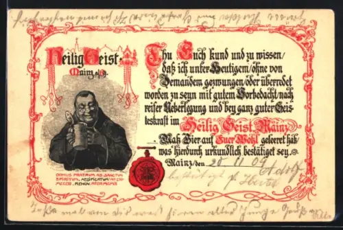 AK Mainz, Heilig Geist Mainz, Urkunde zum Biertrinken, 1904