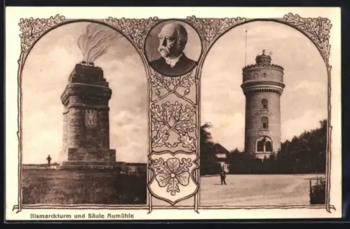 AK Aumühle, Bismarckturm, Säule und Portrait von Bismarck