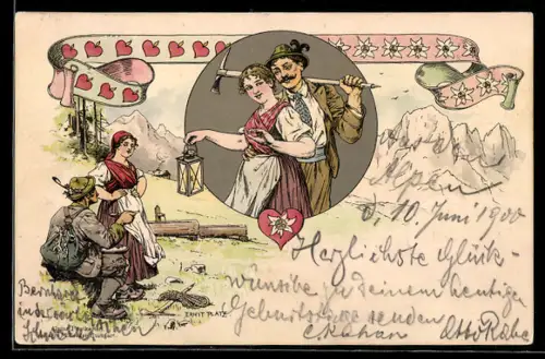 Künstler-AK Ernst Platz: Bergsteigerliebchen, Edelweiss und Herzen