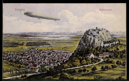 AK Singen, Zeppelin über dem Ort mit Hohentwiel