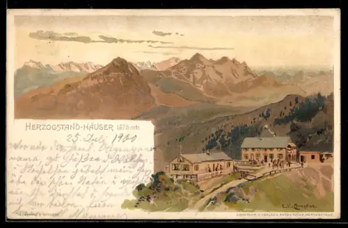 Künstler-AK Edward Harrison Compton: Herzogstand-Häuser, Berghütten und Blick auf Alpen-Panorama