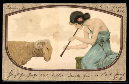 Künstler-AK Raphael Kirchner: Frau spielt Flöte vor einem Bock