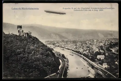 AK Lahneck-Niederlahnstein, Zeppelin II fliegt über den Ort mit Ruine der Burg