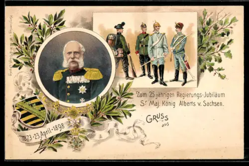 Lithographie 25 jähr. Regierungs-Jubiläum Sr. Maj. König Alberts v. Sachsen