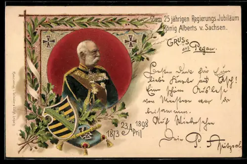 Lithographie 25 jähriges Regierungsjubiläum König Albert von Sachsen 1873-1898, Porträt, Wappen