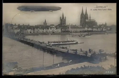 AK Köln, Zeppelin in voller Fahrt über Köln