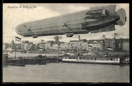 AK Köln, Zeppelin LZ II über der Bade-Anstalt 1909