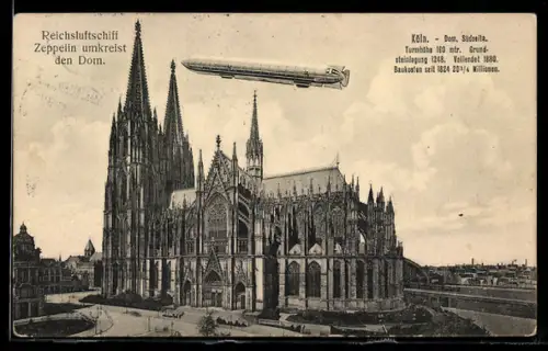 AK Köln, Reichsluftschiff Zeppelin umkreist den Dom