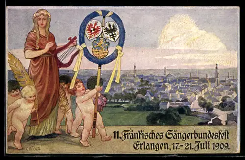 Künstler-AK Erlangen, 11. Fränkisches Sängerbundesfest 1909, Teilansicht, Ganzsache Bayern