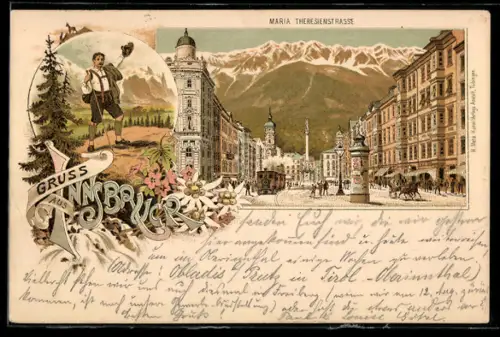 Vorläufer-Lithographie Innsbruck, 1894, Maria Theresienstrasse, Strassenbahn