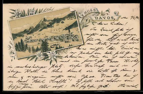 Vorläufer-Lithographie Davos, 1892, Ortsansicht mit Kirche und Bergpanorama