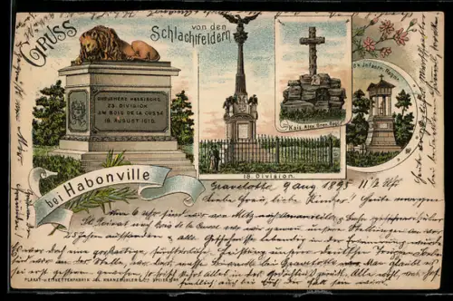 Vorläufer-Lithographie Habonville, 1895, Denkmäler 18. Division, Kais. Alex. Gren. Regt. 84. Infantr. Regmt.