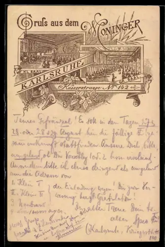 Lithographie Karlsruhe, Gasthaus Moninger, Gr. Saal, Kl. Saal, Kaiserstrasse 142, Ganzsache