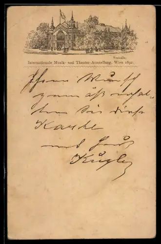 Vorläufer-Lithographie Wien, Internationale Musik- und Theater-Ausstellung 1892, Tonhalle