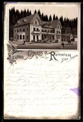 Vorläufer-Lithographie Rainwiese /Böhm. Schweiz, 1894, Gasthaus Rainwiese am Waldesrand