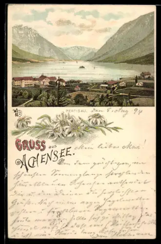 Vorläufer-Lithographie Pertisau /Achensee, 1894, Ortsansicht am See mit Bergen