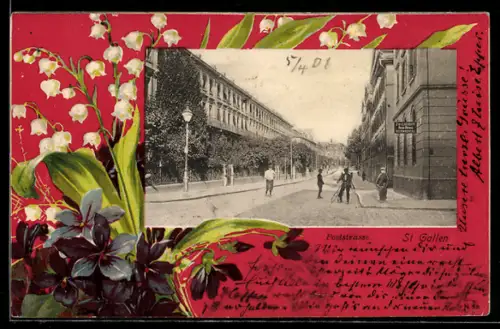 Passepartout-AK St. Gallen, Partie in der Poststrasse mit Maiglöckchen