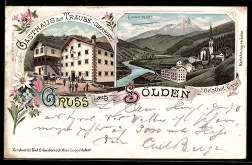 Lithographie Sölden /Oetzthal, Gasthaus zur Traube, Ortsansicht
