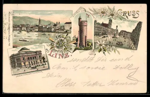 Lithographie Linz, Ortsansicht, Franz-Josef-Platz, Museum Francisco-Carolinum