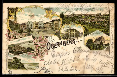 Lithographie Obernberg a. Inn, Partie am Marktplatz, Totalansicht, Volksschule und Schloss