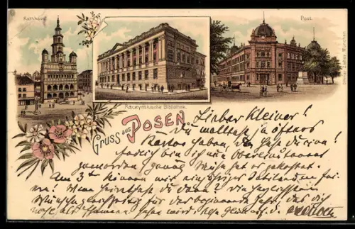 Lithographie Posen, Post, Rathaus, Raczynskische Bibliothek